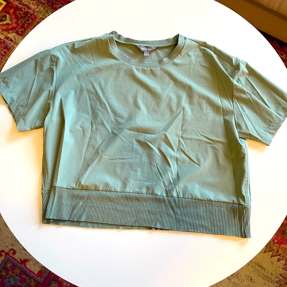Cobble Lane Green Silky Blouse with Knit Bottom Hem